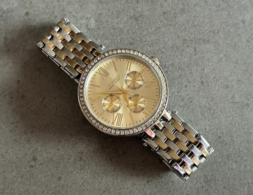 Caravelle By Bulova Watch Women 38mm Silver Gold Tone Day Date New Battery